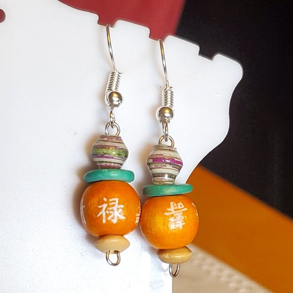 Silver Tone Hook Paper and Wood Bead Earrings NWT